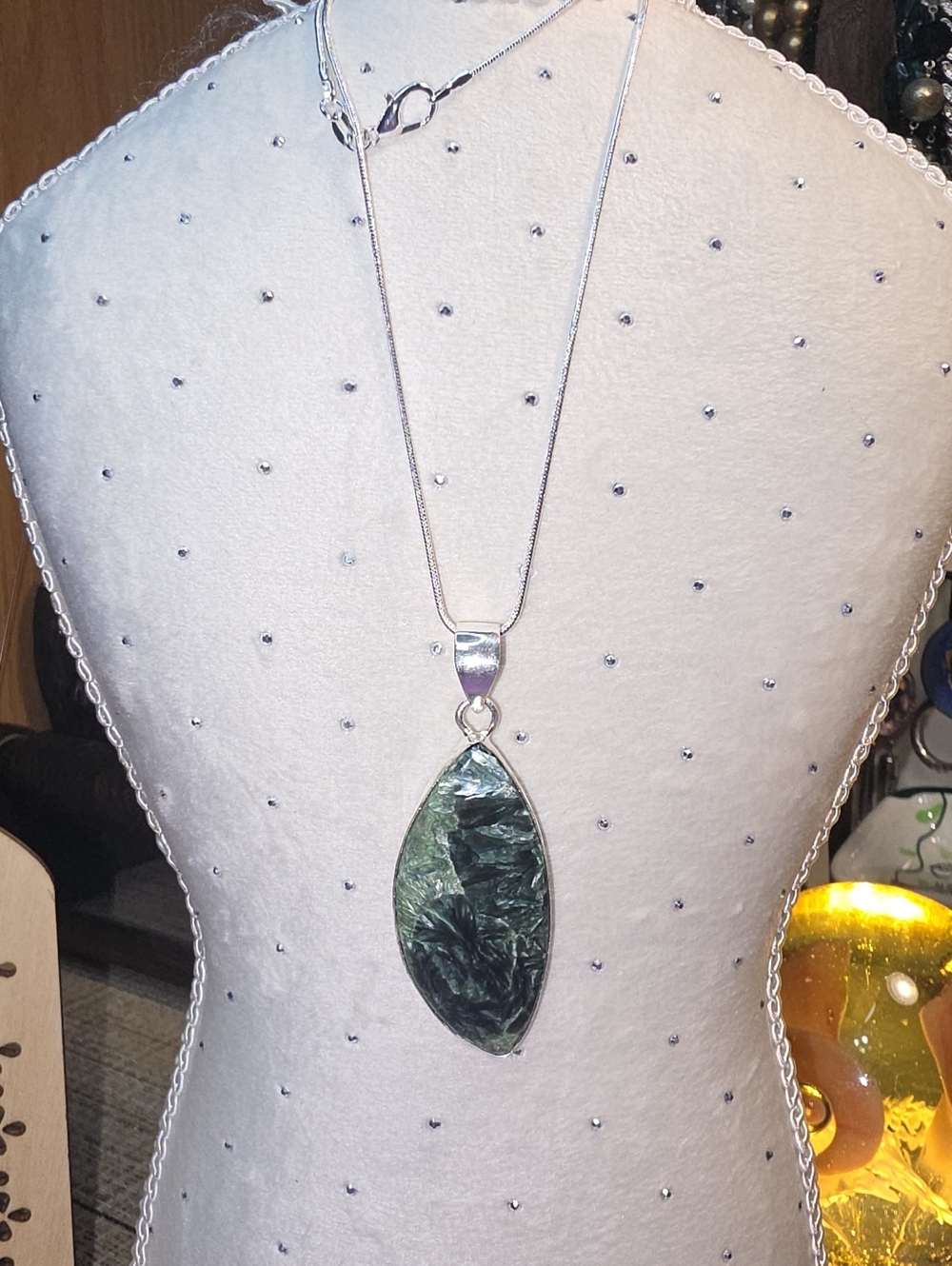 Silver Plated Necklace with Green Angel Stone--  Marquise Stone Pendant